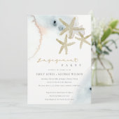 GOLD DUSKY BLUE BEACHY STARFISH VERLOVING INVITE BEDANKKAART (Staand voorkant)