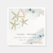 Gold Dusky Blue Beachy Starfish Waterverf Wedding Servet (Voorkant)