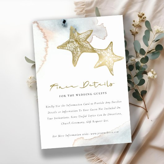 GOLD DUSKY BLUE BEACHY STARFISH WEDDING DETAILS INFORMATIEKAARTJE