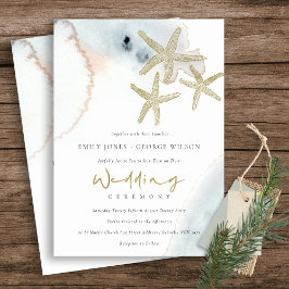 GOLD DUSKY BLUE BEACHY STARFISH WEDDING INVITE BEDANKKAART