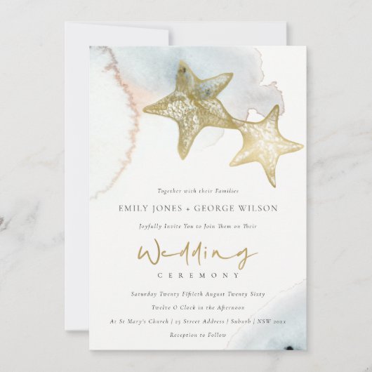 GOLD DUSKY BLUE BEACHY STARFISH WEDDING INVITE BEDANKKAART (Voorkant)