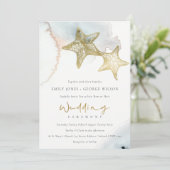 GOLD DUSKY BLUE BEACHY STARFISH WEDDING INVITE BEDANKKAART (Staand voorkant)
