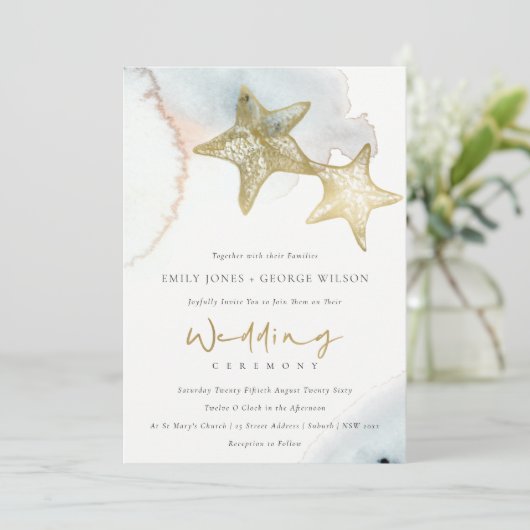 GOLD DUSKY BLUE BEACHY STARFISH WEDDING INVITE BEDANKKAART (Staand voorkant)
