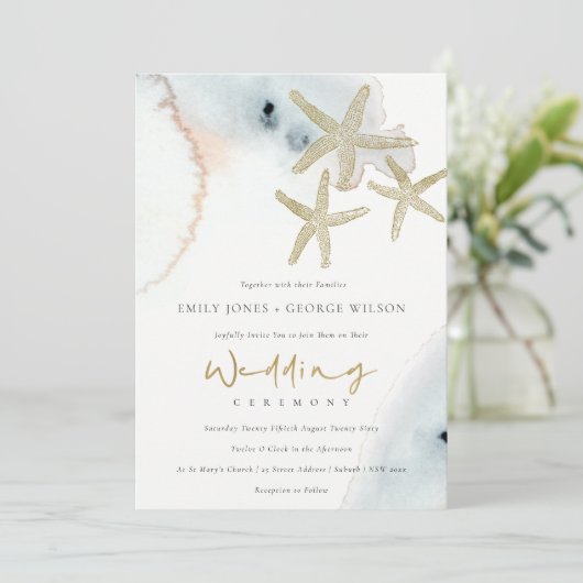 GOLD DUSKY BLUE BEACHY STARFISH WEDDING INVITE BEDANKKAART (Staand voorkant)