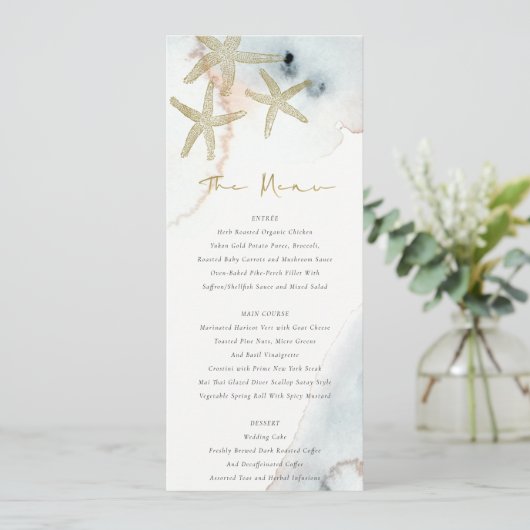 Gold Dusky Blue Beachy Starfish Wedding Menu Kaart (Staand voorkant)