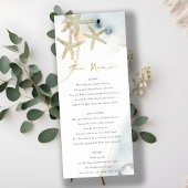 Gold Dusky Blue Beachy Starfish Wedding Menu Kaart