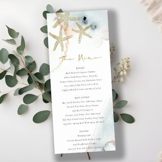 Gold Dusky Blue Beachy Starfish Wedding Menu Kaart
