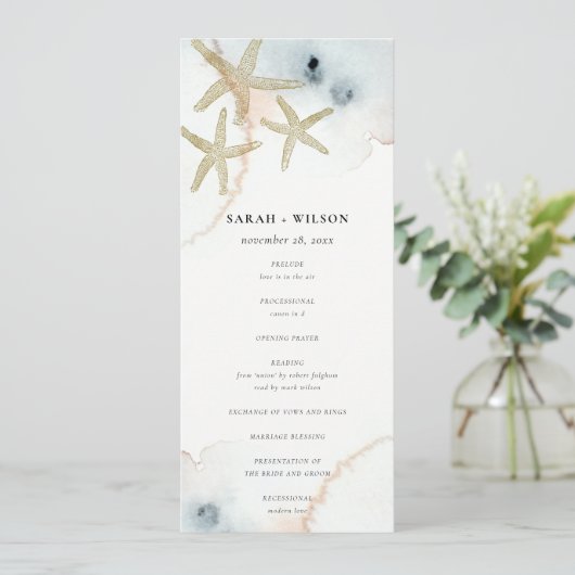 Gold Dusky Blue Beachy Starfish Wedding Program Kaart (Staand voorkant)