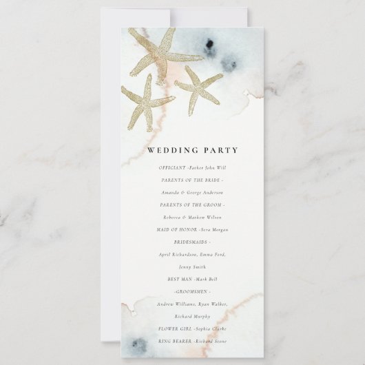 Gold Dusky Blue Beachy Starfish Wedding Program Kaart (Achterkant)