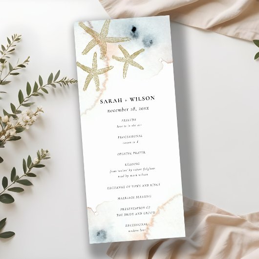 Gold Dusky Blue Beachy Starfish Wedding Program Kaart