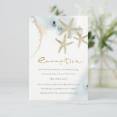 GOLD DUSKY BLUE BEACHY STARFISH WEDDING RECEPT INFORMATIEKAARTJE (Staand voorkant)