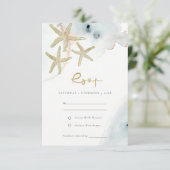 GOLD DUSKY BLUE BEACHY STARFISH WEDDING RSVP INFORMATIEKAARTJE (Staand voorkant)