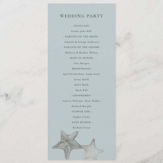 GOLD DUSKY BLUE STARFISH WEDDING CEREMONY PROGRAMM MENU (Achterkant)