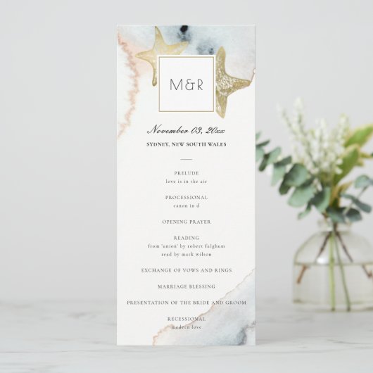 GOLD DUSKY BLUE STARFISH WEDDING CEREMONY PROGRAMM MENU (Staand voorkant)
