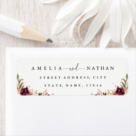 Gold Dust Burgundy Floral Waterverf Wedding Etiket (Insitu)