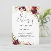 Gold Dust Burgundy Floral Waterverf Wedding Kaart (Staand voorkant)