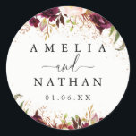 Gold Dust Burgundy Floral Waterverf Wedding Ronde Sticker<br><div class="desc">Collectie van het huwelijk in de kleine Bayleigh-winkel.</div>