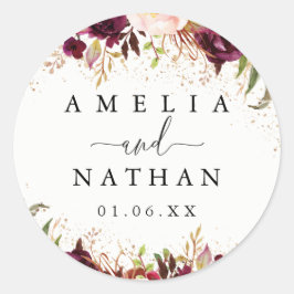 Gold Dust Burgundy Floral Waterverf Wedding Ronde Sticker