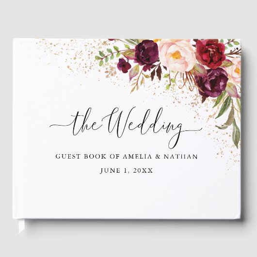 Gold Dust Burgundy Floral Wedding Gastenboek (Voorkant)