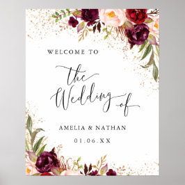 Gold Dust Burgundy Floral Welcome Wedding Poster