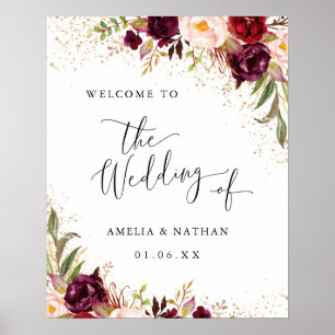 Gold Dust Burgundy Floral Welcome Wedding Poster