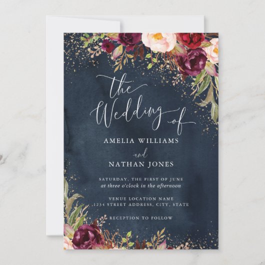 Gold Dust Burgundy Navy Floral Waterverf Wedding Kaart (Voorkant)