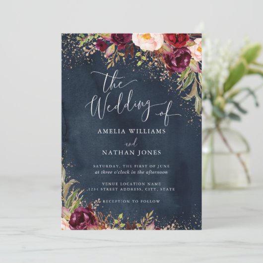 Gold Dust Burgundy Navy Floral Waterverf Wedding Kaart (Staand voorkant)