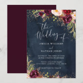 Gold Dust Burgundy Navy Floral Waterverf Wedding Kaart (Voorkant / Achterkant)