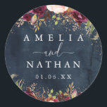 Gold Dust Burgundy Navy Floral Waterverf Wedding Ronde Sticker<br><div class="desc">Collectie van het huwelijk in de kleine Bayleigh-winkel.</div>