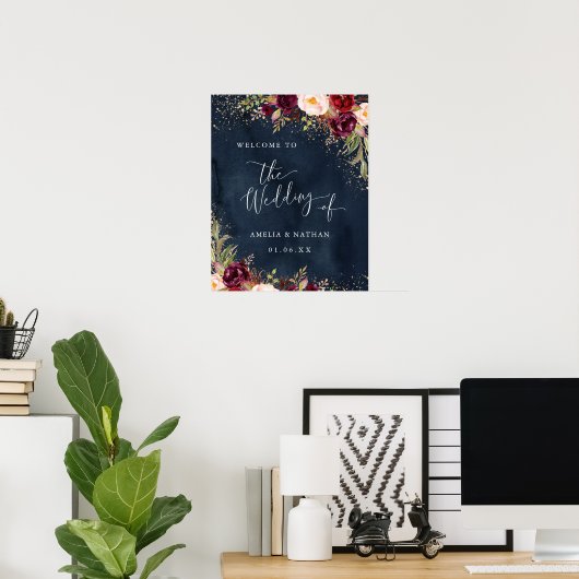 Gold Dust Burgundy Navy Floral Welkom bruiloft Poster (Thuiskantoor)