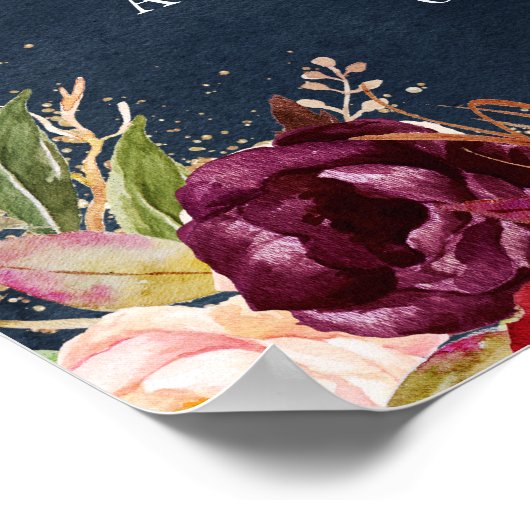 Gold Dust Burgundy Navy Floral Welkom bruiloft Poster (Hoek)