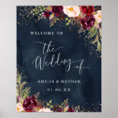 Gold Dust Burgundy Navy Floral Welkom bruiloft Poster (Voorkant)