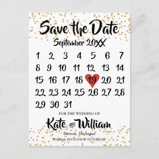 Gold Dust Love Heart Calendar Bewaar de datum Aankondigingskaart (Voorkant)