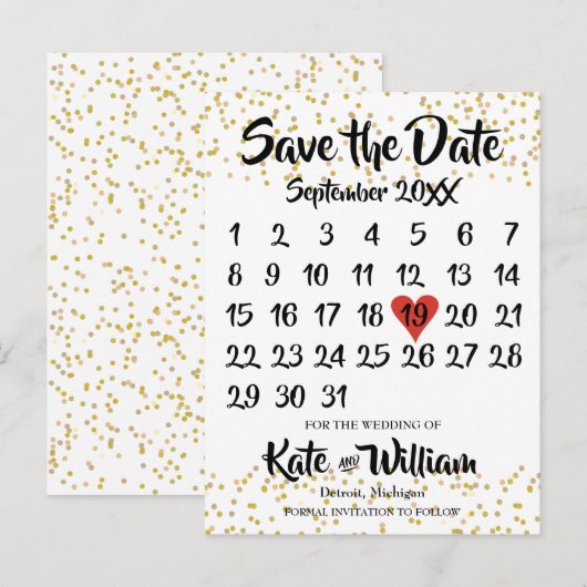 Gold Dust Love Heart Calendar Bewaar de datum Aankondigingskaart (Voorkant / Achterkant)