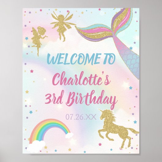 Gold Dust Magical Unicorn Fairy Mermaid Birthday Poster (Voorkant)