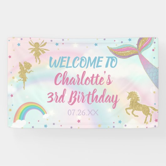Gold Dust Magical Unicorn Fairy Mermaid Birthday Spandoek (Horizontaal)