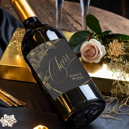 Gold Dust & Outlines Wedding Cheers Blk/Gld ID835 Wijn Etiket