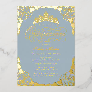 Gold Dusty Blue Elegant Script Quinceanera Folie Uitnodiging