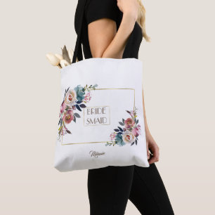 Gold Dusty Blue Pink Floral Bloom Wedding Tote Bag
