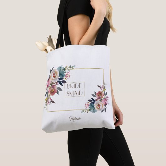 Gold Dusty Blue Pink Floral Bloom Wedding Tote Bag (Dichtbij)