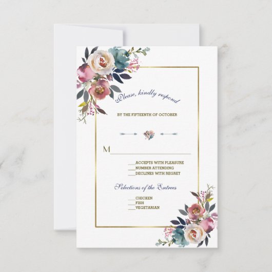 Gold Dusty Blue Pink Floral | Weddenschap RSVP (Voorkant)