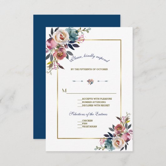 Gold Dusty Blue Pink Floral | Weddenschap RSVP (Voorkant / Achterkant)