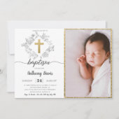 Gold Dusty Grey Baptism-uitnodiging met foto Kaart (Voorkant)