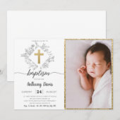 Gold Dusty Grey Baptism-uitnodiging met foto Kaart (Voorkant / Achterkant)