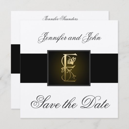 Gold E Monogram sparen de Datum Mededelingen van d Save The Date (Voorkant / Achterkant)