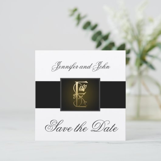 Gold E Monogram sparen de Datum Mededelingen van d Save The Date (Staand voorkant)