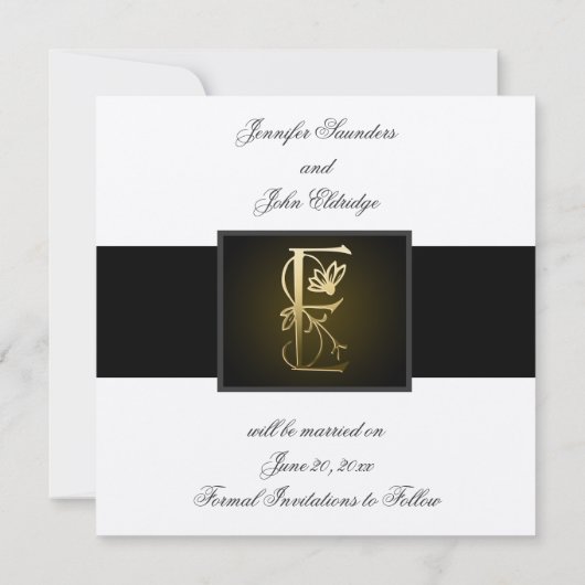 Gold E Monogram sparen de Datum Mededelingen van d Save The Date (Achterkant)