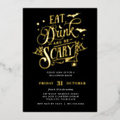 GOLD Eat Drink en eng Halloween Bash Party Folie Uitnodiging (Voorkant)