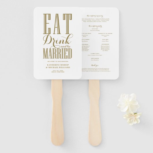 Gold Eat-Drink en huwelijksprogramma Handwaaier (Voorkant en achterkant)