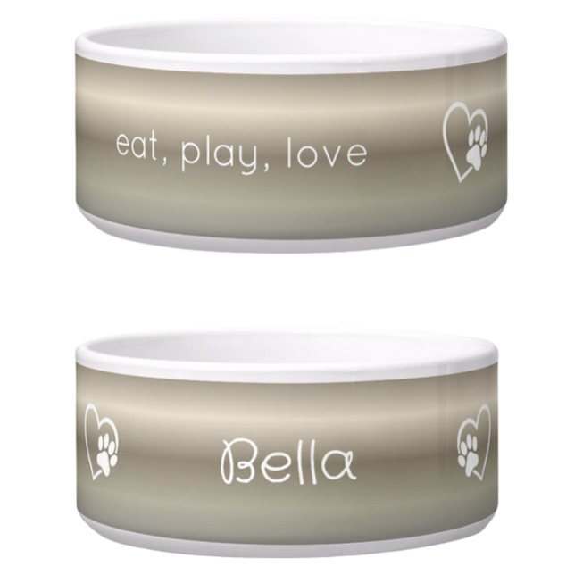 Gold 'eat, play, love' Dog Name Bowl Voerbakje (Creator heeft geüpload)
